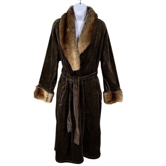 Adrienne Landau Womens L Faux Fox Fur Trim Robe Belted Cozy Plush Quiet Luxury - Picture 7 of 13